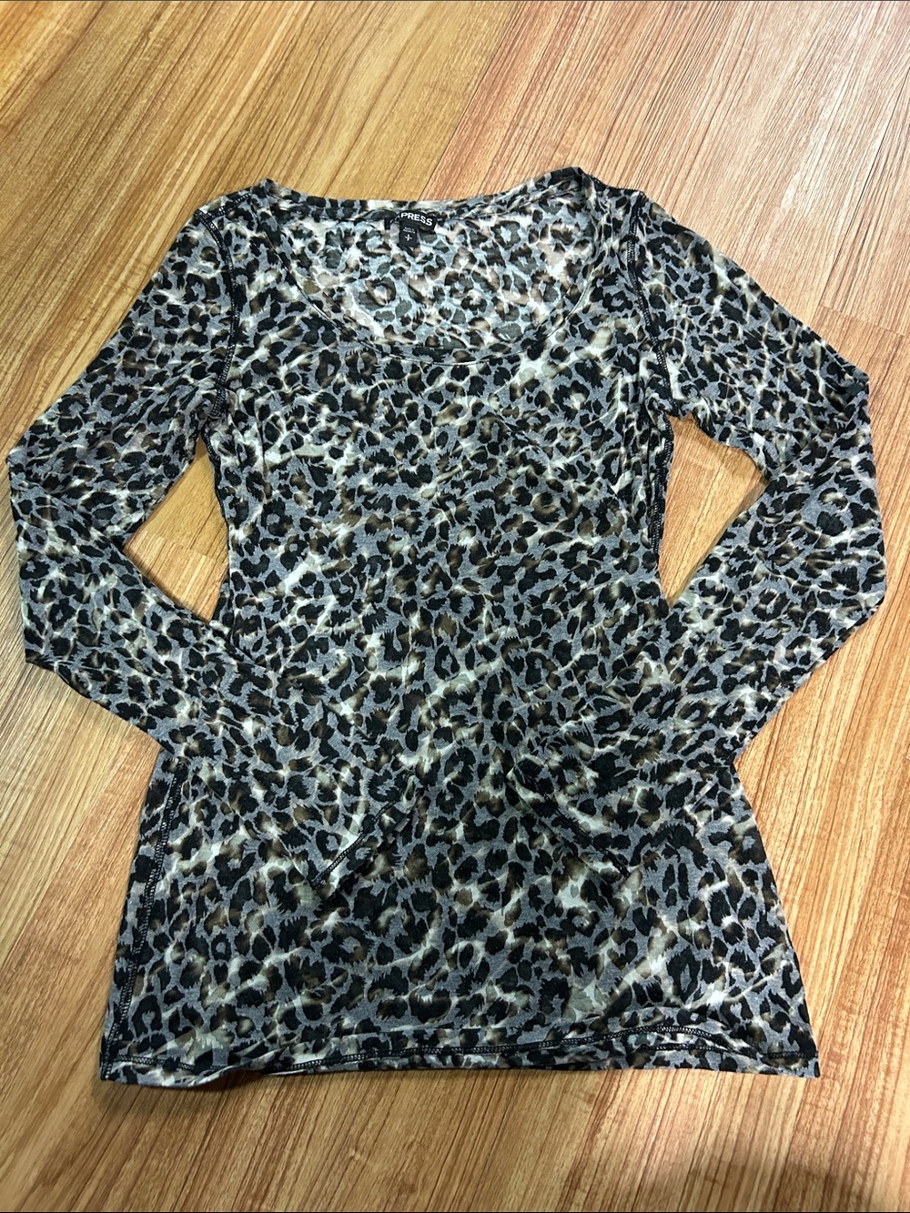 Express Leopard Print Long-Sleeve Top - Black & Tan - Sheer